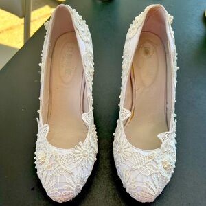 Hand laced white wedding shoes with pearls and crystal size 8